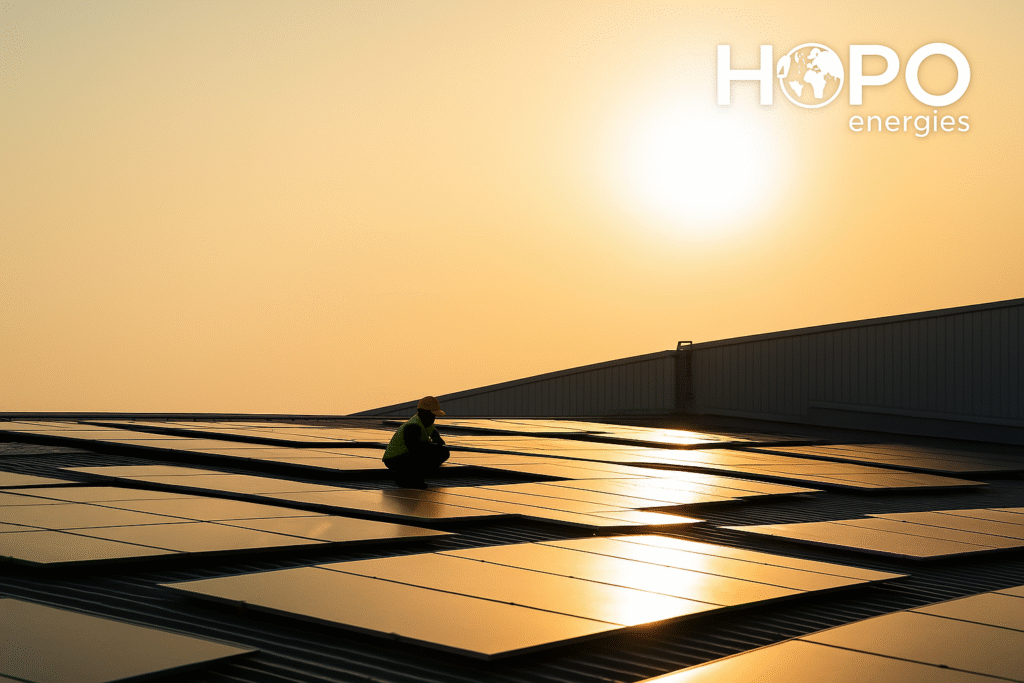 la imagen del técnico en el tejado con el sol de fondo atardeciendo y el logo de HOPO Energies